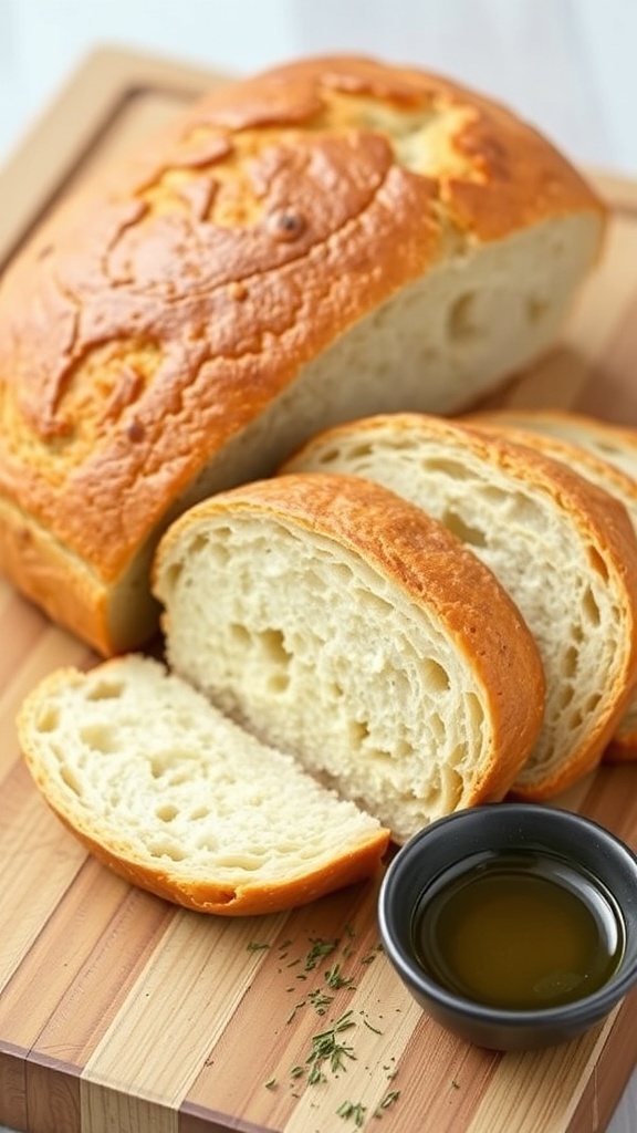 Sliced gluten-free bread on a cutting board with olive oil.